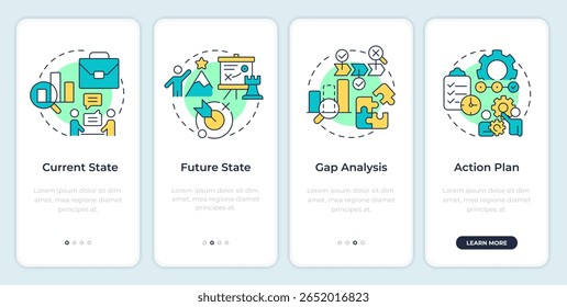 Stages of gap analysis onboarding mobile app screen. Business data. Walkthrough 4 steps editable graphic instructions with linear concepts. UI, UX, GUI