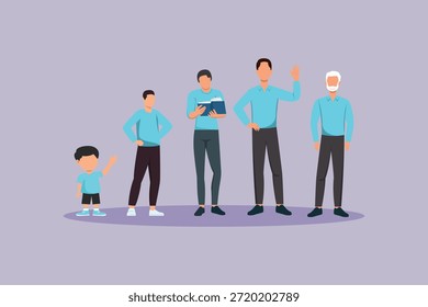 Etapas del proceso de crecimiento de la edad y la apariencia física de los hombres con ropa azul. Creciendo etapa de vida familiar Concepto. Ilustración vectorial plana coloreada aislada