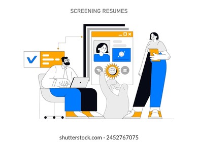 Stages of hiring process from negotiation to job offer acceptance and candidate evaluation. Employee search and assessment concept. Vector illustration.