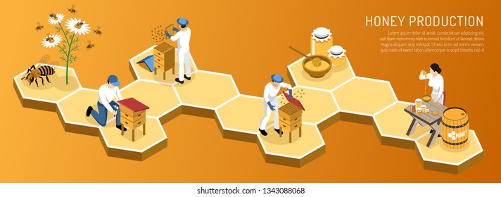 Stages of honey production from nectar collection to product packaging on gradient background isometric horizontal vector illustration