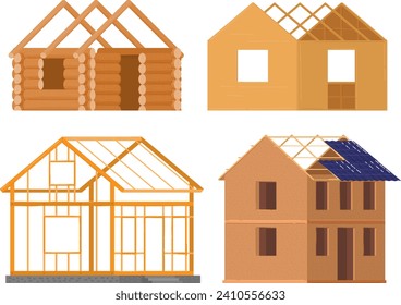 Stages of house construction from framework to complete log cabin. Home building process with solar panels roof vector illustration.