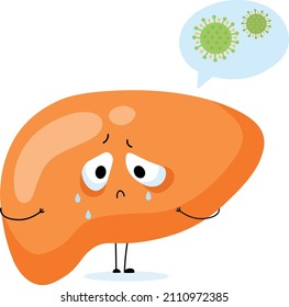 Stages of human liver damage. Sad liver character. hepatitis virus. Poster for hospital or clinic. fatty, fibrosis, cirrhosis, hepatitis. Liver disease. Isolated vector illustration in flat style 