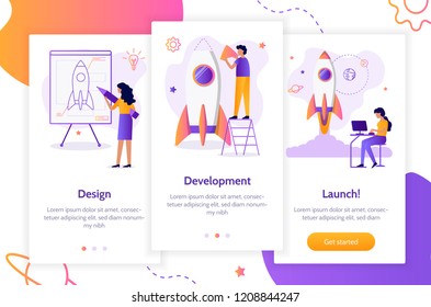 Stages of launching a startup. From idea to finished product. Creation of a rocket. Onboarding screens template. Mobile app design. Business concept. Flat vector illustration.
