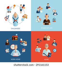 Stages Of Life Design Concept Set With Childhood And Aging Flat Icons Isolated Vector Illustration