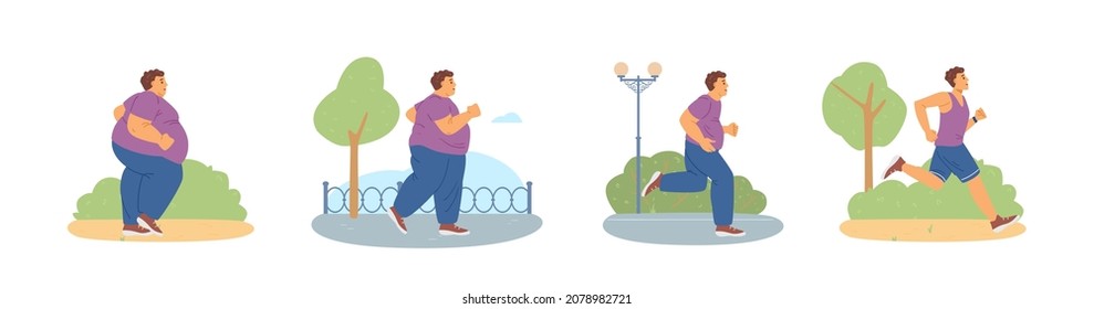 Stages lose weight of fat young man with obesity problem engaging sport. Overweight male person run in park for slim athletic body. Flat vector illustrations isolated on white.