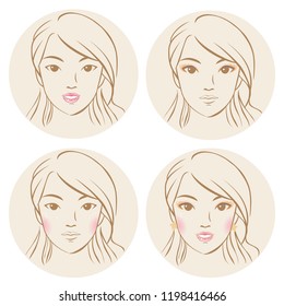 Stages of makeup in korean style. Vector hand drawn illustration