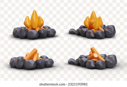 Stages of making campfire. Preparation of fireplace. Breeding fire. Safety camping rules. Set of 3D vector illustrations for educational and tourist sites