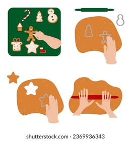 The stages of making holiday cookies. The hand rolls out the dough, cut out the shapes from the dough, draw patterns on Christmas cookies. Cooking ginger cookies. Cartoon style. vector illustration.
