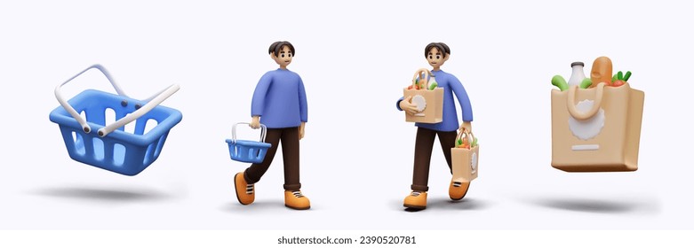 Stages of making purchase in grocery store. Online service. Empty basket, man with empty cart, guy with full bags of food, paper bag with groceries. Illustrations for online store