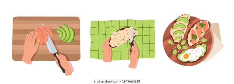 Stages Of Making Sandwich. Female Hands Cooks Breakfast, Cuts Salmon And Avocado, Serves Meal, Top View Morning Tasty Diet Healthy Food, Cafe Or Restaurant Vector Trendy Cartoon Concept