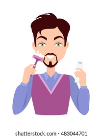 Stages of man face wash. Washing with cream cleanser or soap, shaving with razor, using moisturizer or lotion after shave. Boy cares about his look. Part of series of face care. Vector illustration