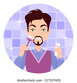 Stages of man face wash. Washing with cream cleanser or soap, shaving with razor, using moisturizer or lotion after shave. Boy cares about his look. Part of series of face care. Vector illustration