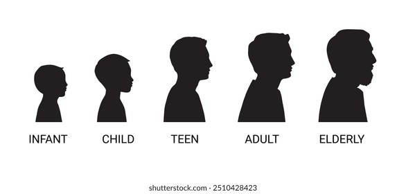 Stages man growing up. Boy infant, child, teen, adult, elderly. Silhouettes men of different ages Collection. Vector illustration