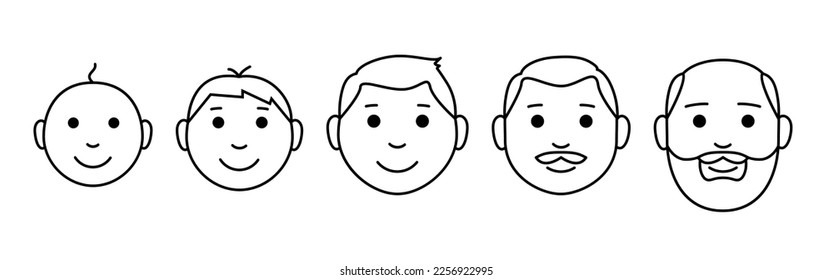 The stages of a man's growing up - infant, child, teen, adult, elderly. Collection of faces of men of different ages. Vector illustration isolated on white background