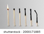 Stages of match burning from fire to burnt wooden stick, matchsticks stand in row, timeline from flame to charred firebrand isolated on transparent background, Realistic 3d vector illustration, set