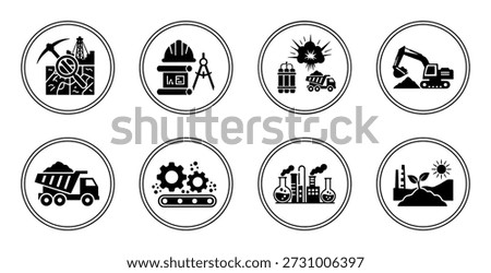 Stages of mining industry with exploration, drilling, extraction, refining, reclamation, sales and distribution icons.