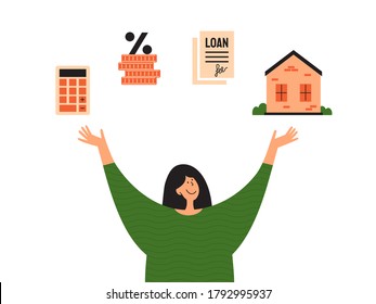 Stages of mortgage and calculating rate concept. Young woman planning buy house and showing or looking to way loan. Process of home mortgage. Happy girl holding dream in hands. Ad, vector illustration