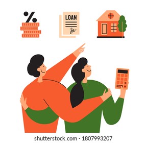 Stages of mortgage and calculating rate concept. Family couple planning buy new house and choose way loan. Process of home mortgage. Happy people looking for real estate. Property vector illustration