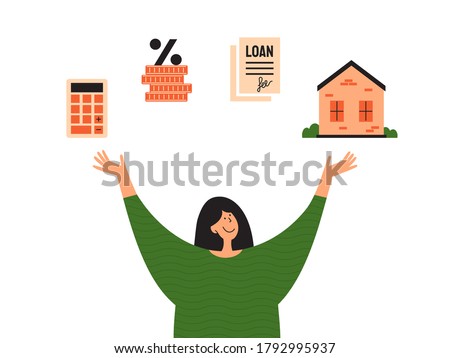 Stages of mortgage and calculating rate concept. Young woman planning buy house and showing or looking to way loan. Process of home mortgage. Happy girl holding dream in hands. Ad, vector illustration