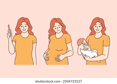 Stages of motherhood and pregnancy in woman holding pregnancy test and baby in hands. Pregnant girl learns about fertilization and carries newborn, rejoicing at appearance of son or daughter