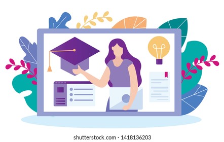 Stages Obtaining Diploma. Distance Education. Distance Learning. Graduation Project. Lesson Online. E-Learning. Woman with Laptop. New Technologies. Vector Illustration. Teacher on Monitor Screen.