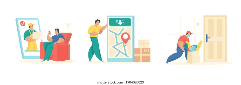 Stages online ordering and delivery. Male character makes online order in application. Development of logistics and search for buyers address map. Delivery door of house. Vector flat concept