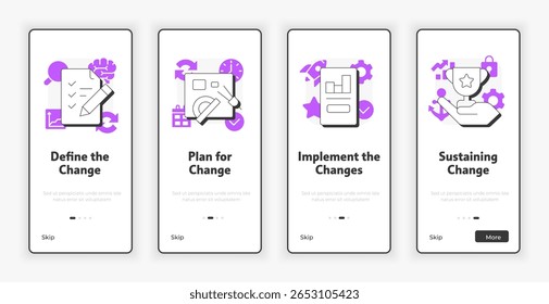 Estágios da tela de integração móvel de alteração organizacional. Ilustração da interface do usuário do UX de manutenção corporativa. Ícones de estilo de estrutura de tópicos plana com acento roxo