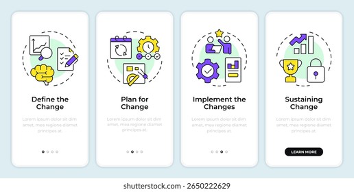 Stages of organizational change onboarding mobile app screen. Walkthrough 4 steps editable graphic instructions with linear concepts. UI, UX, GUI