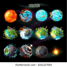 Stages Of The Origin Of Life On Earth, Evolution, Climate Changes, Technology Progress, Cataclysms, Planetary Explosion, Death Of Planet, Vector Concept Illustration. Timeline, Infographic Elements
