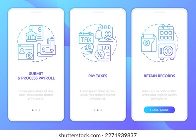 Stages of payroll processing blue gradient onboarding mobile app screen. Salary walkthrough 3 steps graphic instructions with linear concepts. UI, UX, GUI template. Myriad Pro-Bold, Regular fonts used