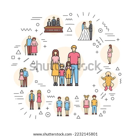 Stages person's life web banner. Birth, youth, old age, death. Infographics with linear icons on white background. 