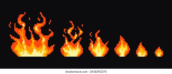 Etapas de extinción de incendios de píxeles. Fuego de píxeles de juego, explosión, llamas. Pasos de extinción de llama de píxeles.