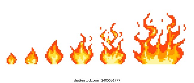 Stages of pixel fire ignition, combustion stages of a large fire. Steps of pixel flame ignition, small bonfire turning into a wall of fire, consequences of explosion.