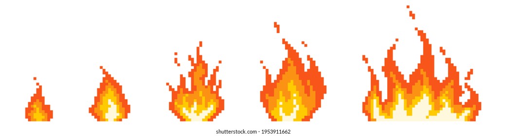 Stages of pixel fire ignition. Small red bonfire turning into fiery hell consequences of explosion blazing with raging vector flame.
