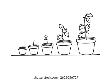 Stages of plant growth depicted in line art illustrating development and progress