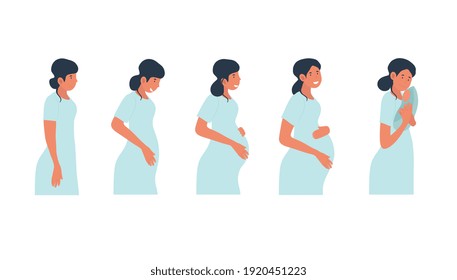 Stages of pregnancy concept. Pretty young woman during pregnancy. Pregnancy Calendar. Set of flat cartoon vector illustrations isolated on white background