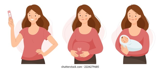 Etapas del embarazo - concepción del niño, embarazo y recién nacido. Embarazo feliz y maternidad saludables. Ilustración plana vectorial.