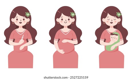 Stages of pregnancy - conception of a child, a pregnant woman sitting position, pregnancy and newborn. Healthy happy pregnancy and motherhood. Vector flat illustration.