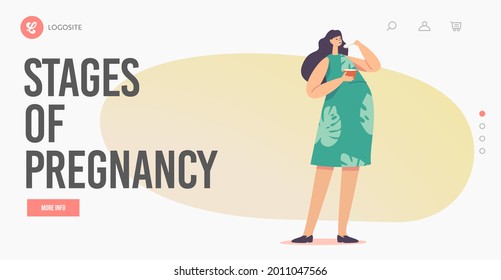 Stages of Pregnancy Landing Page Template. Female Character with Big Belly Enjoy Meal. Pregnant Woman Eating Soup from Bowl, Maternity Healthy Lifestyle, Motherhood. Cartoon People Vector Illustration