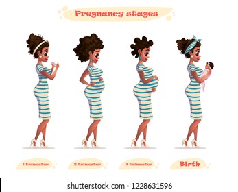 stages of pregnancy, pregnant woman, african american woman with baby. pregnant woman cartoon characters isolated on white background. african pregnant woman Vector illustration.