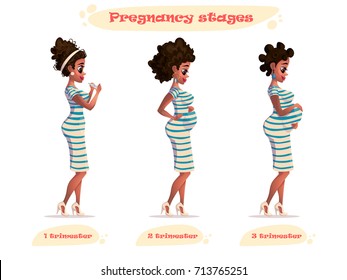 stages of pregnancy vector illustration of black pregnant woman. african-american pregnant woman. Changes in a woman's body in pregnancy. Pregnancy stages, 3 trimesters.Cartoon character.