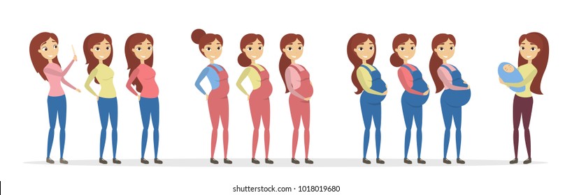 Stages of pregnancy. Young mother with belly.