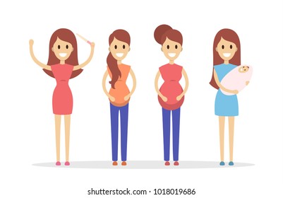 Stages of pregnancy. Young mother with belly.