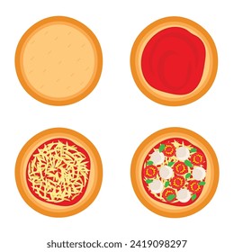 Stages of preparing Margherita pizza. Vector graphic.