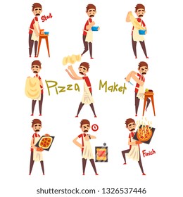 Stages of preparing pizza set, male chef kneading, tossing a dough, cutting vegetables and baking, pizza maker character vector Illustration