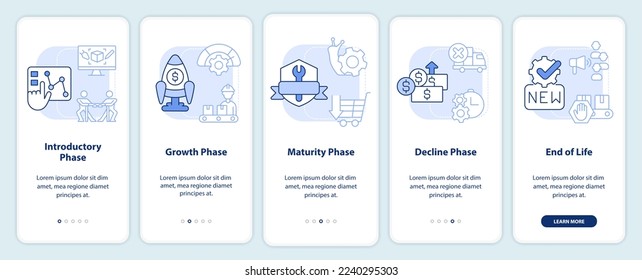 Stages of product lifecycle light blue onboarding mobile app screen. Walkthrough 5 steps editable graphic instructions with linear concepts. UI, UX, GUI template. Myriad Pro-Bold, Regular fonts used