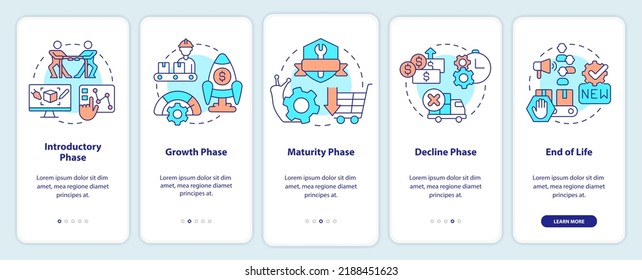 Etapas del ciclo de vida del producto a bordo de la pantalla de aplicaciones móviles. Recorrido 5 pasos instrucciones gráficas editables con conceptos lineales. UI, UX, plantilla GUI. Multitud de tipos de letra Pro-Bold, con uso regular