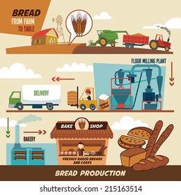 Stages of production of bread. From wheat harvest to freshly baked bread, from farm to table