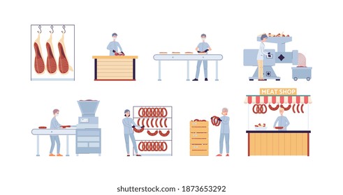 Stages production of natural meat production from raw meat to ready made sausages and wurst. Food manufacturing, industry factory with machines and workers. Vector illustration.