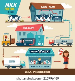 Stages of production and processing of milk from a dairy farm to table